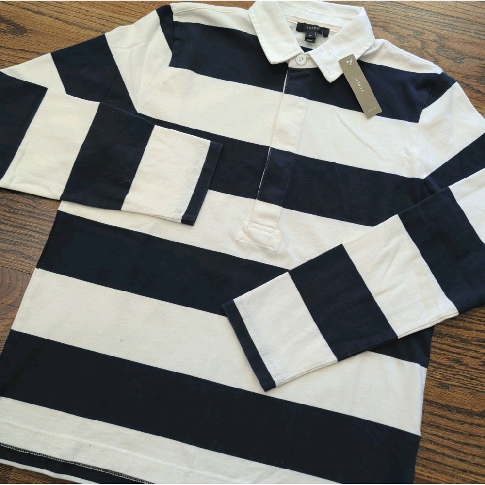 NWT J. Crew Rugby Polo Shirt Mens M Blue White Striped Long Slv Preppy Academia